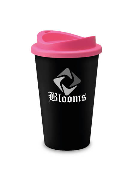 A Reusable Coffee Tumbler Branded with logo and Black Pink