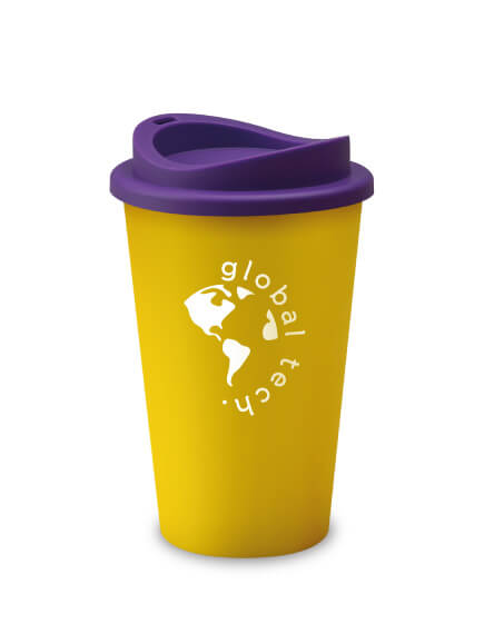 universal mugs printed and branded reusable coffee tumblers in yellow