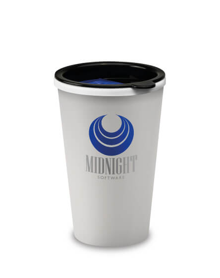 Universal Mugs printed and branded reusable coffee tumbler white
