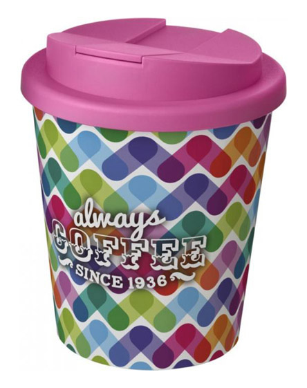 americano espresso full colour 250ml reusable cups with spill proof lids pink