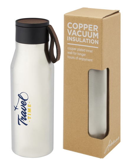 Printed Ljungan 500 Ml Copper Vacuum Insulated Stainless Steel Bottle With Pu Leather Strap And Lid by Universal Mugs