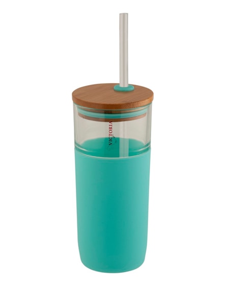 branded arlo glass tumbler with bamboo lid