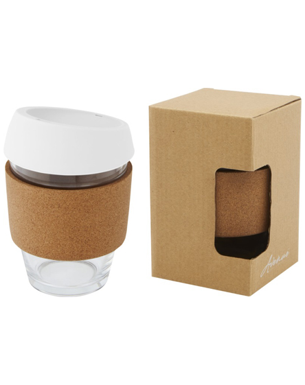 Printed Lidan 360 Ml Borosilicate Glass Tumbler With Cork Grip And Silicone Lid with your Logo by Universal Mugs