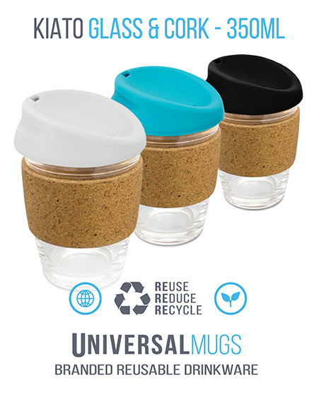 kiato branded reusable glass cork coffee cups